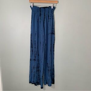 Chatoyant blue black tie dye pull on elastic waist wide leg flowy pants‎